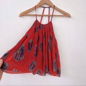 Kimchi Blue Crop Top halter low back floral pleated tank top red XS